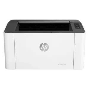 تصویر پرینتر HP Laser 108a رنگ سفید با طراحی ساده و جمع‌وجور.