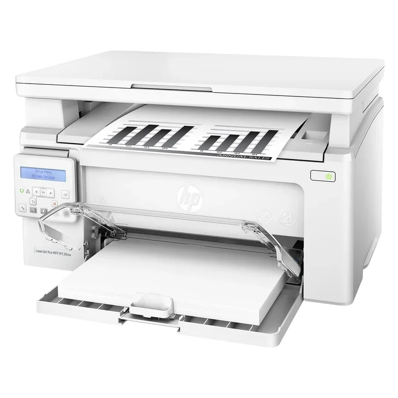 تصویر اصلی دستگاه: "پرینتر چندکاره لیزری اچ پی مدل LaserJet Pro M130nw با طراحی جمع و جور سفید رنگ و پنل کنترلی در سمت چپ"